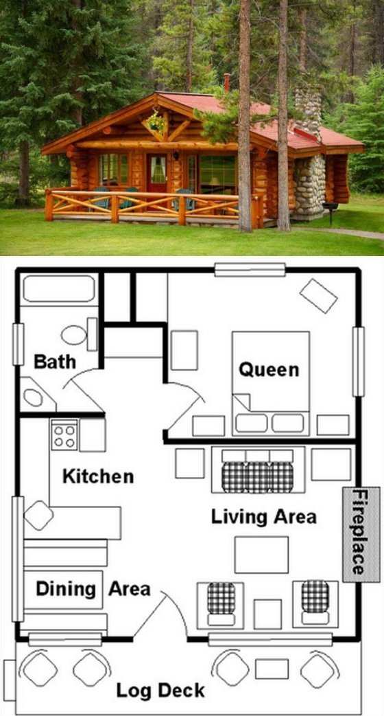 One bedroom log cabin floor plan