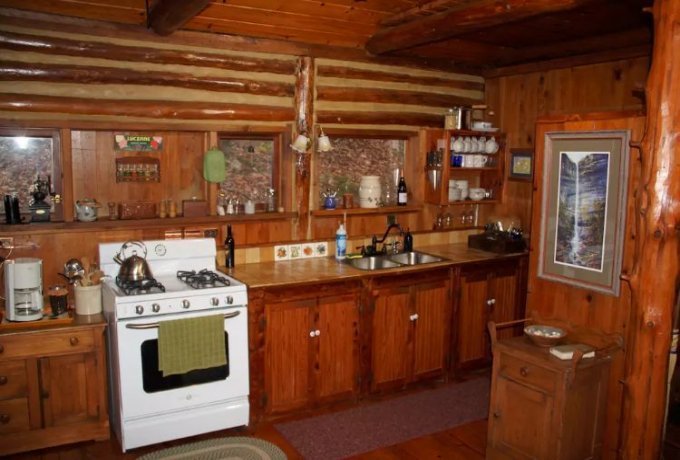 Lakeside mountain cabin interior
