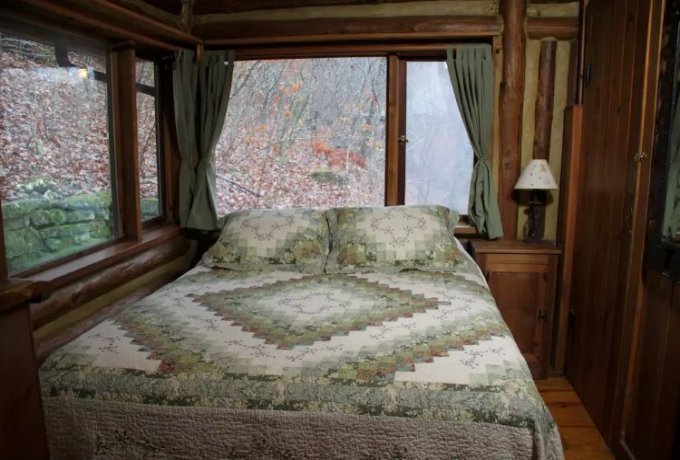 Lakeside mountain cabin interior