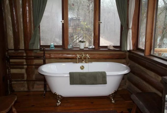Lakeside mountain cabin interior