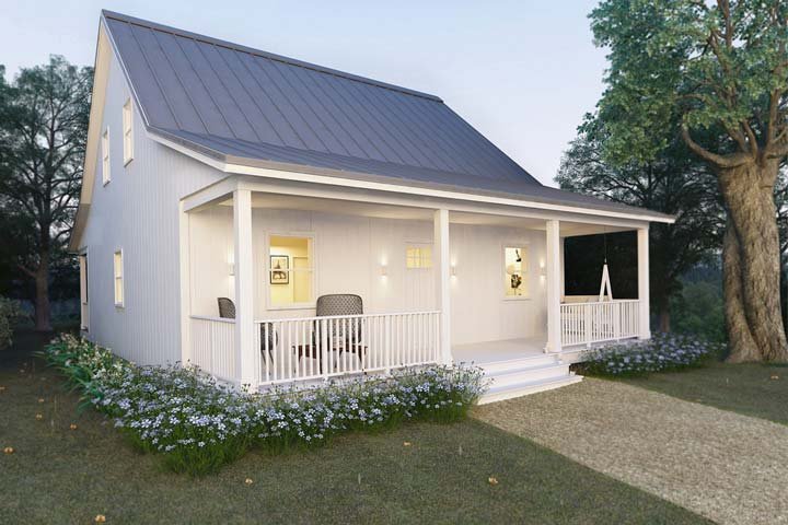 Small Metal House Cottage with Open Front Porch (with Plans)